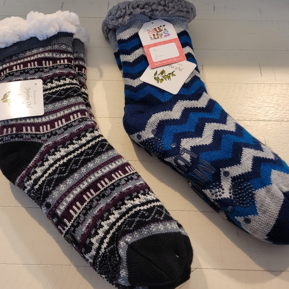 Women's Muk Luks Cozy Chevron and Striped Sherpa Socks Set